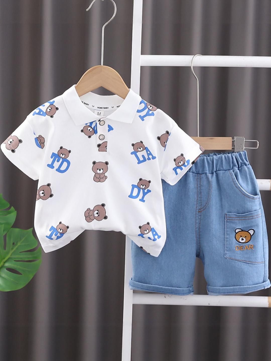 KIDNIP Boys Teddy Printed Cotton T-Shirt & Denim Shorts-picture-27