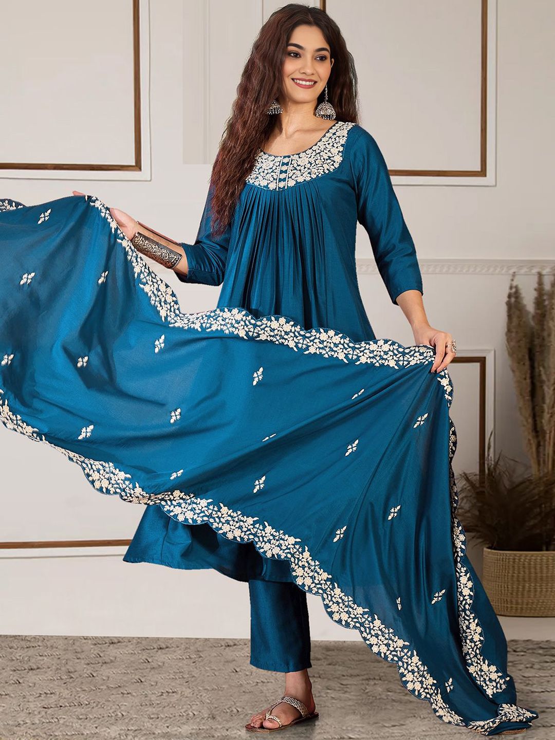 BAESD Floral Embroidered Round Neck Thread Work Chinon Silk Kurta With Trousers & Dupatta