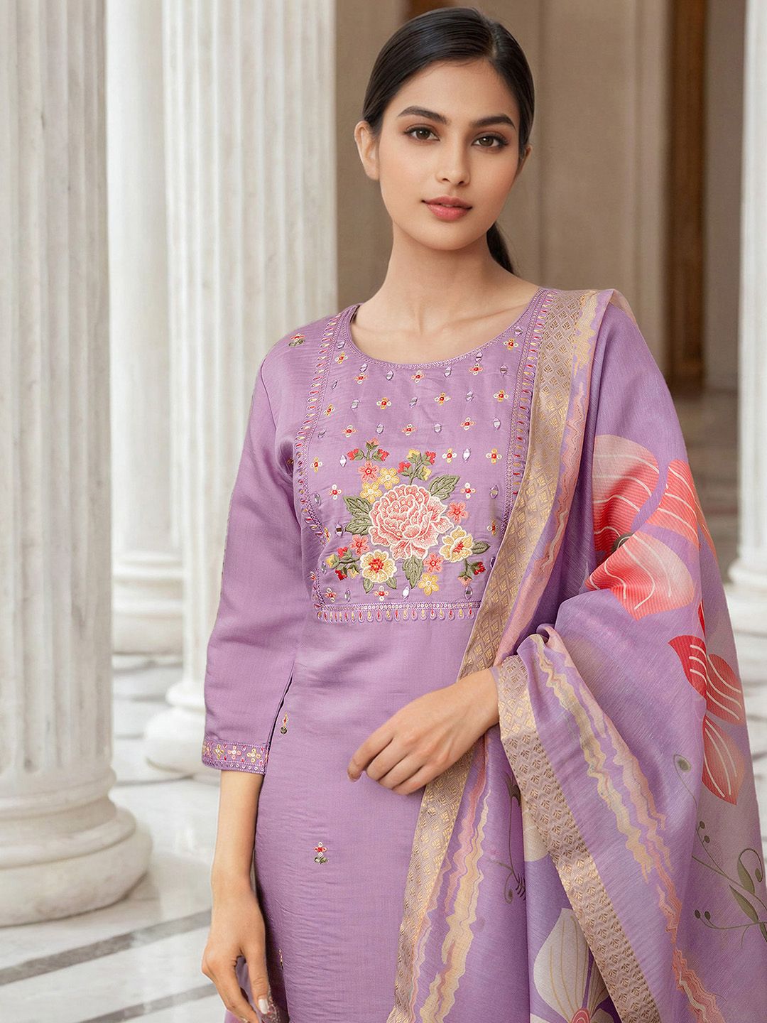 Skylee Pop Floral Embroidered Mirror Work Straight Kurta With Trousers & Dupatta