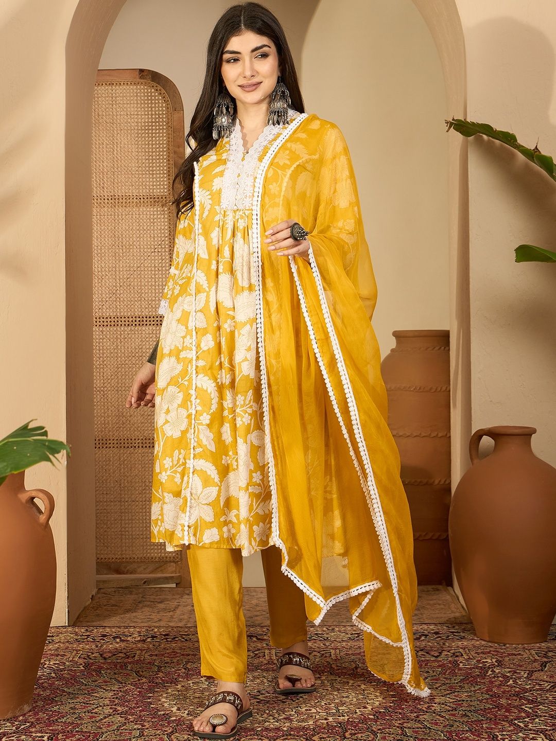 Sangria Women Printed Pure Cotton Kurta Sets With Dupatta