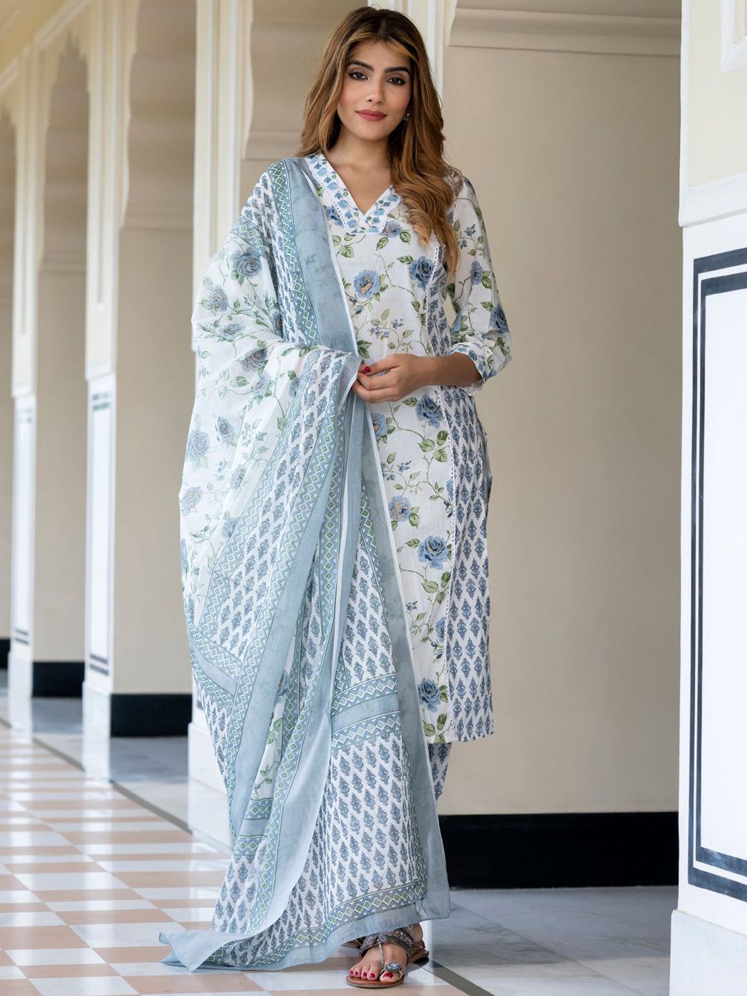 KALINI Women Floral Printed Cotton Kurta with Trousers & Dupatta