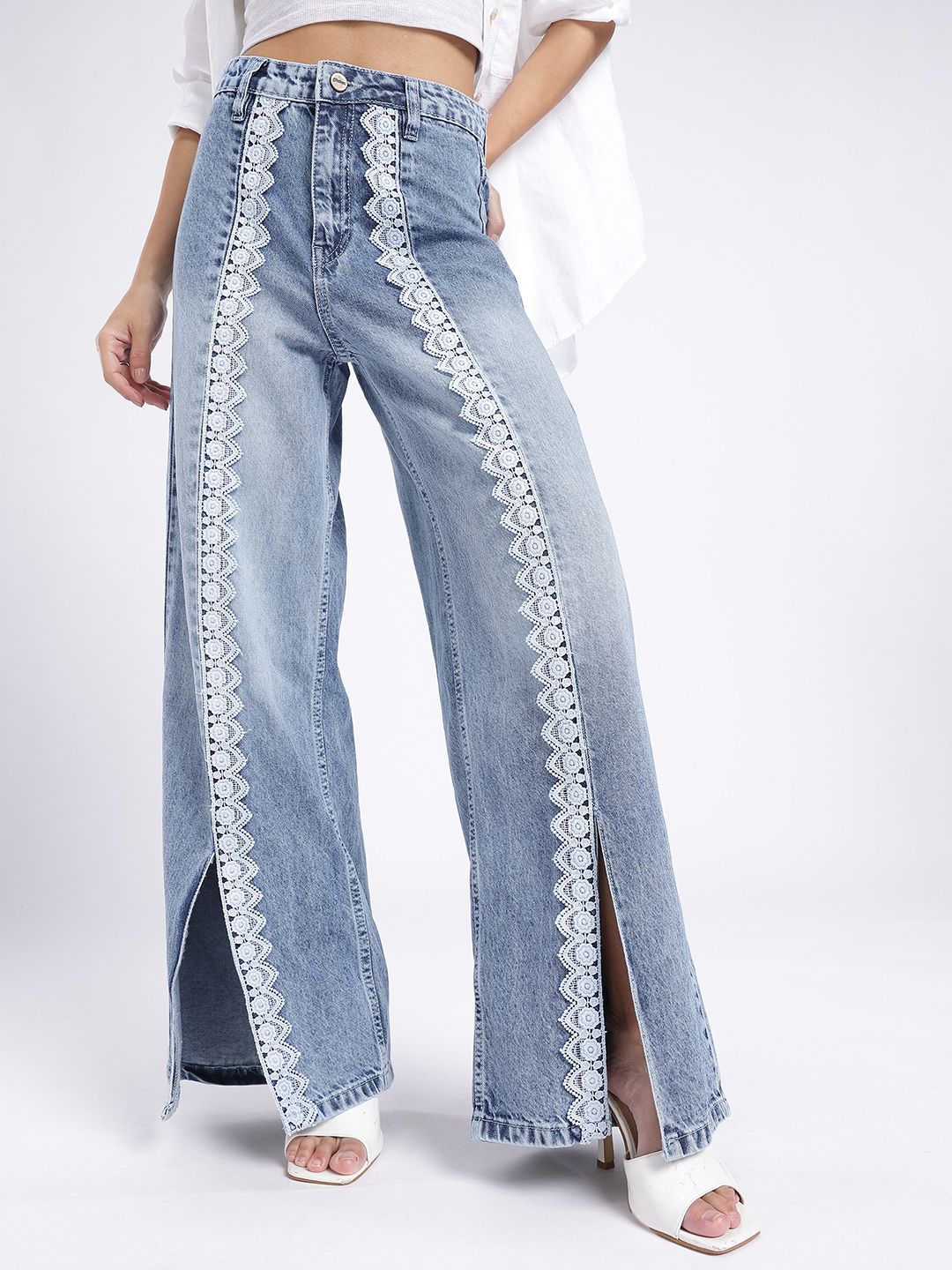 glitchez Women Wide Leg Lace & Slits Detail Panelling Heavy Fade Jeans-image-16