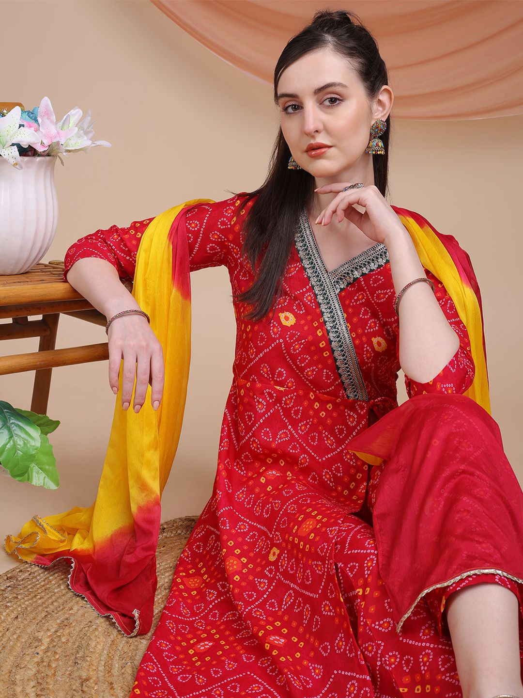 KALINI Women Bandhani Printed V-Neck Angrakha Kurta Set