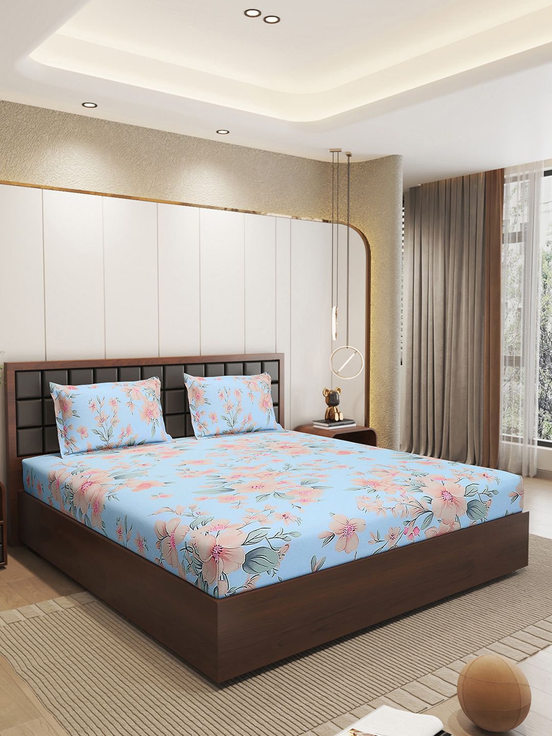 Status Turquoise Blue Floral Microfiber 210TC Fitted Double Queen Bedsheet Set-1.98mx1.82m