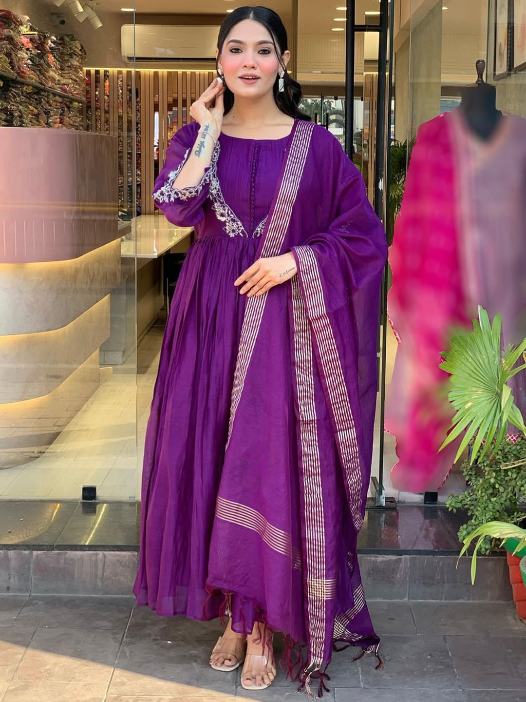 Lilots Women Solid A-Line Kurta with Trousers & Dupatta