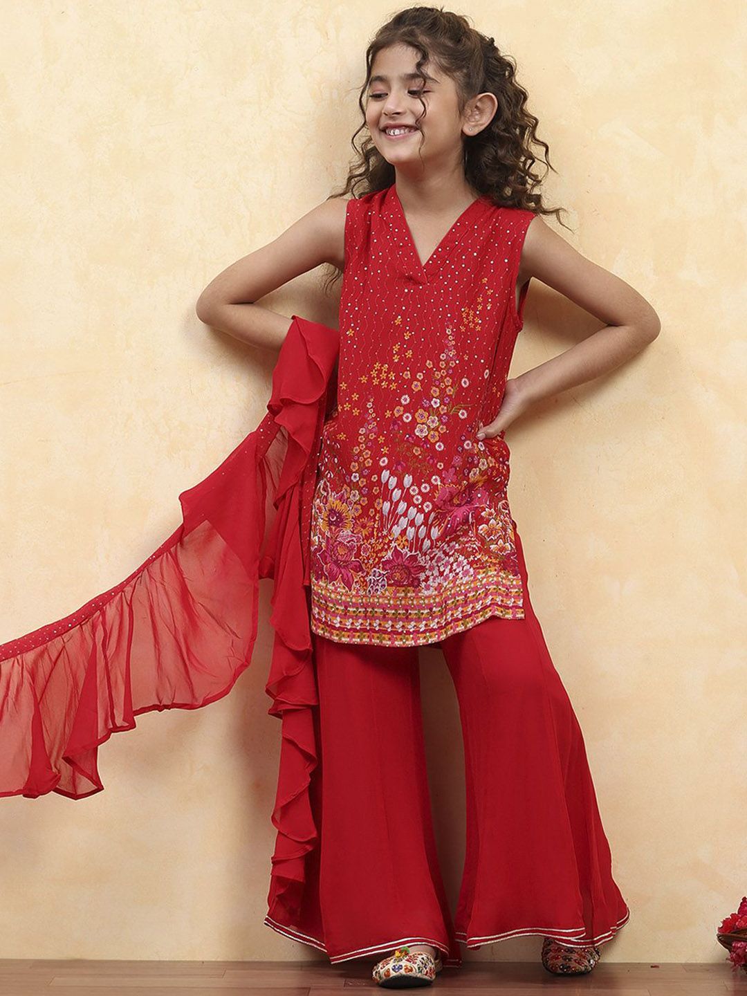 Biba Girls Floral Embroidered Thread Work Kurta with Sharara & Dupatta-picture-19