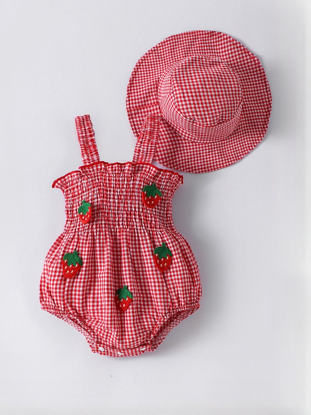 Hopscotch Girls Red Strawberry 3D Applique & Smocked Sleeveless Onesie With Wide Hat-picture-10