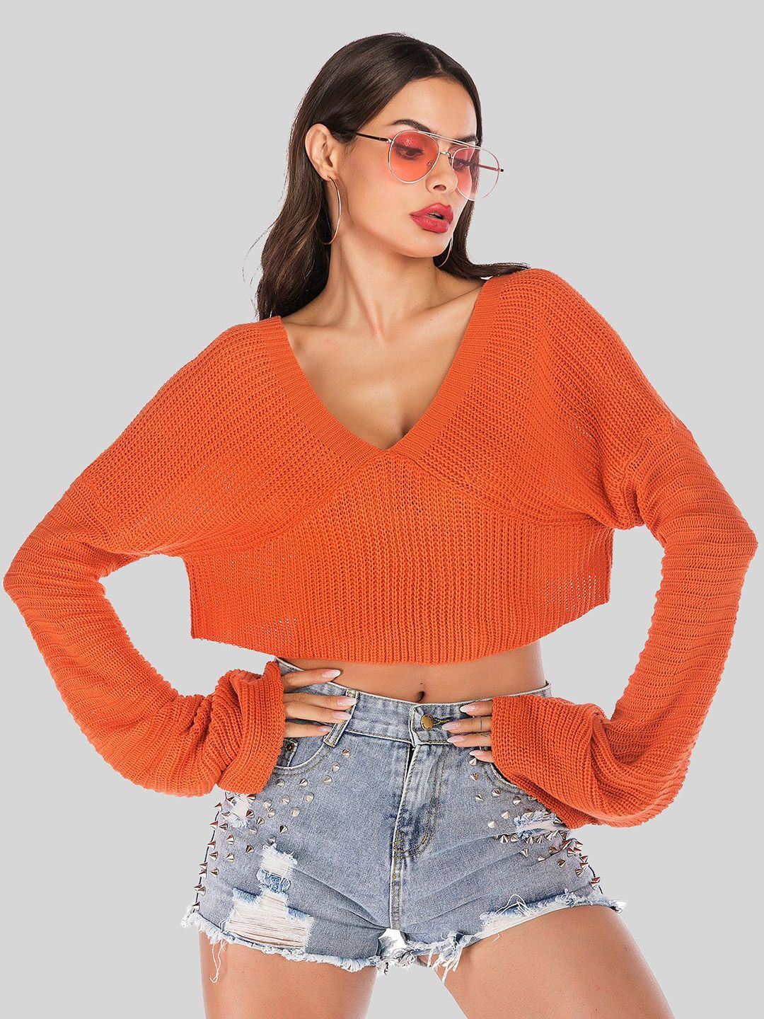 LULU & SKY Women Open Knit V-Neck Crop Pullover-picture-14