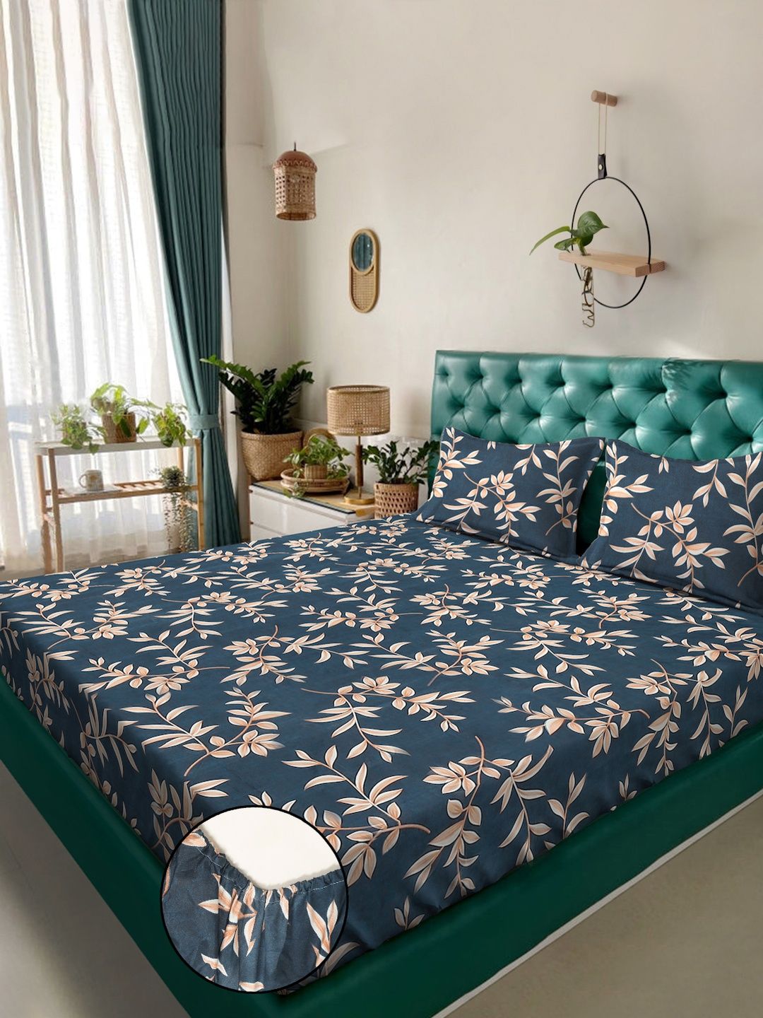 KLOTTHE Blue & Off White Floral 300 TC King Bedsheet with 2 Pillow Covers-image-17