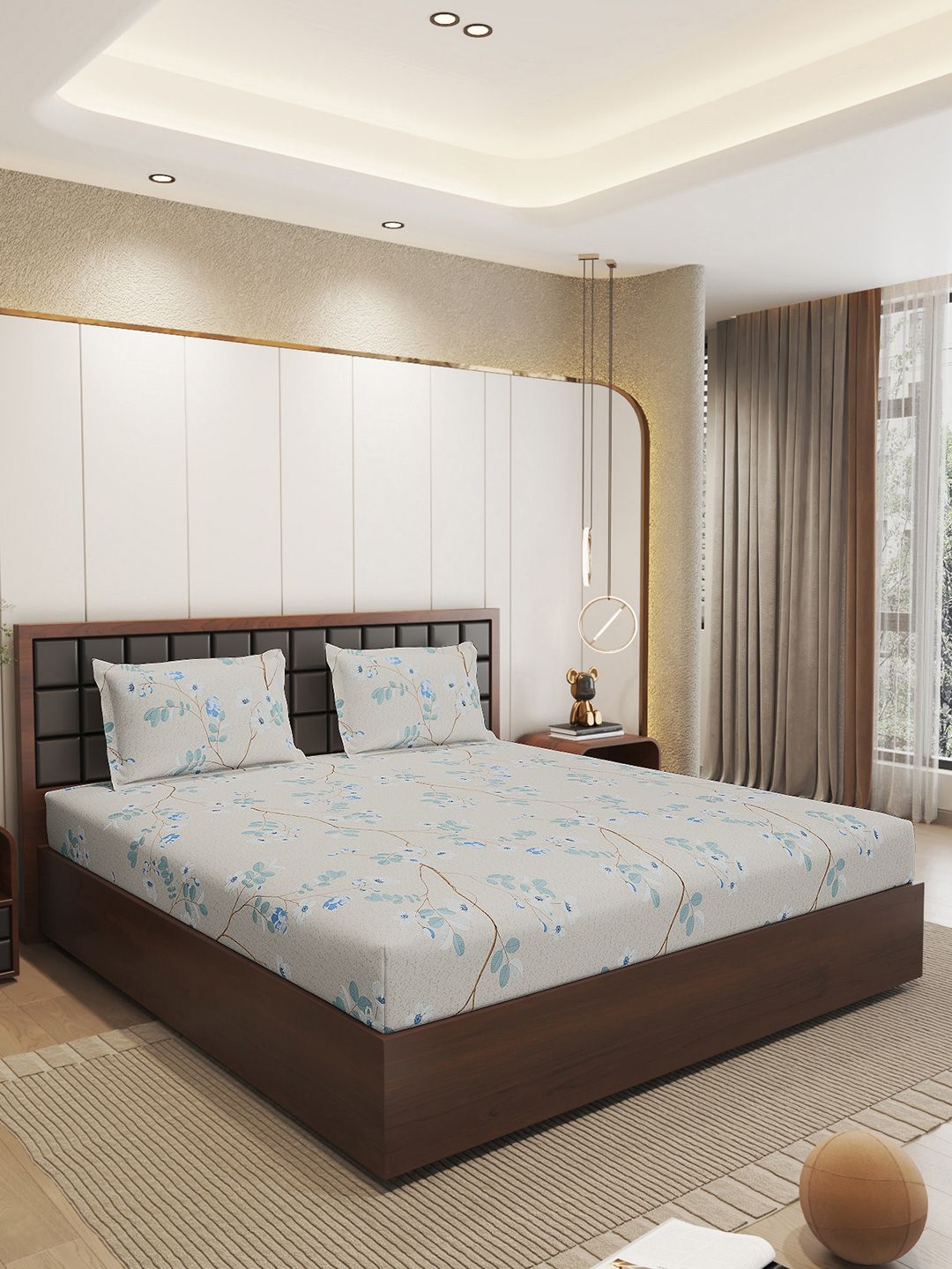 Status White & Green Floral Microfiber 210 TC Fitted Double Queen Bedsheet Set-1.98mx1.82m