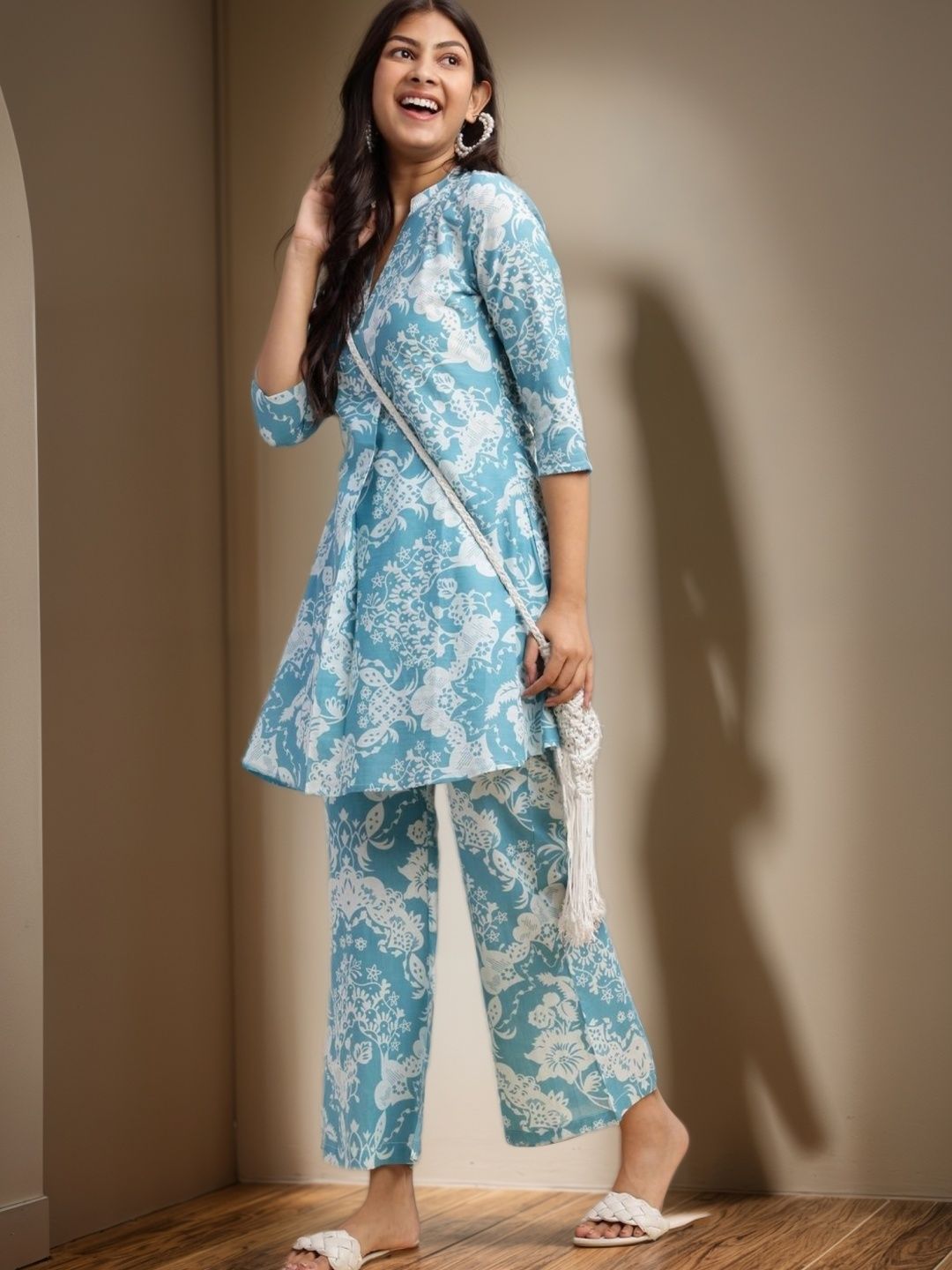 SZN Women Sky Blue Floral Print Flare Cotton Stitched Co Ord Set-picture-33