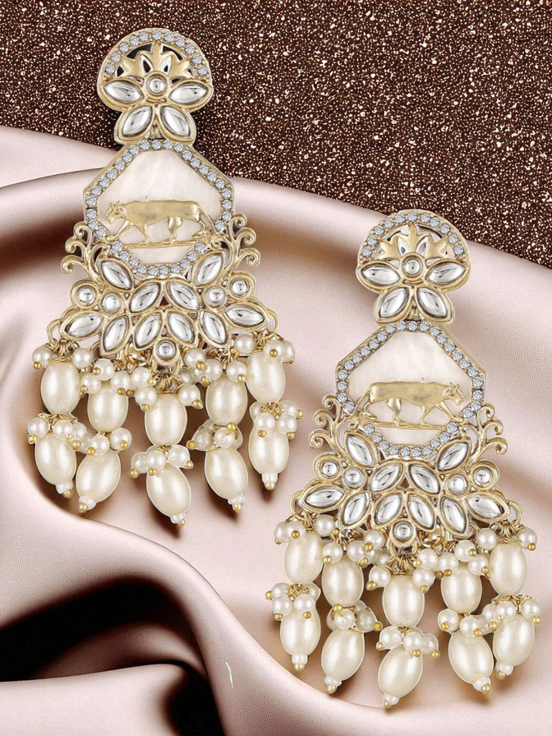 OOMPH Artificial Stones Studded And Beaded Geometric Shaped Drop Earrings-image-0