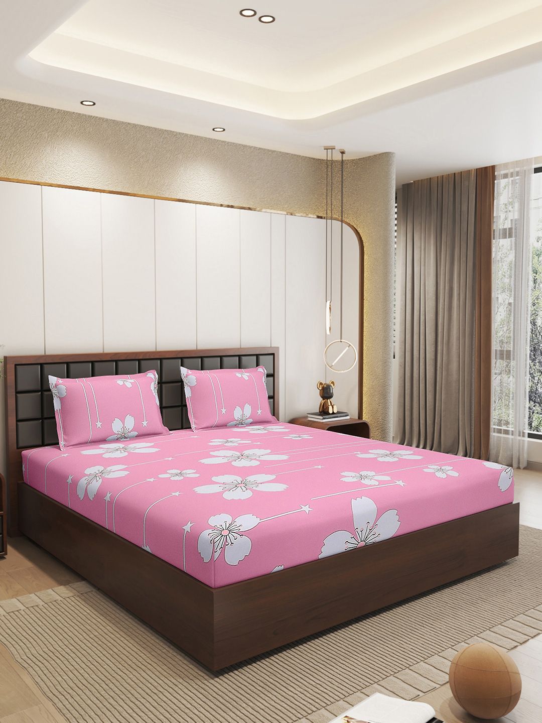 Status Pink & White Floral Microfiber 210 TC Fitted Double Queen Bedsheet Set-1.98mx1.82m-picture-49