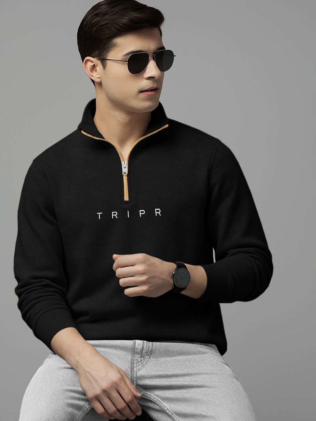 TRIPR Men Typography Printed High Collar Half Zip Pullover-image-33