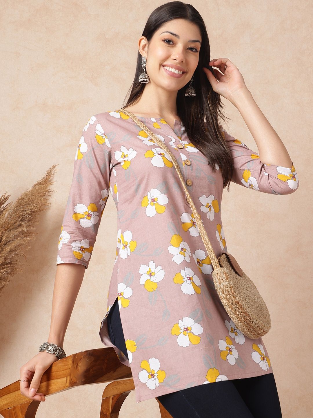 HERE&NOW Women Peach Floral Print Cotton Top-picture-30