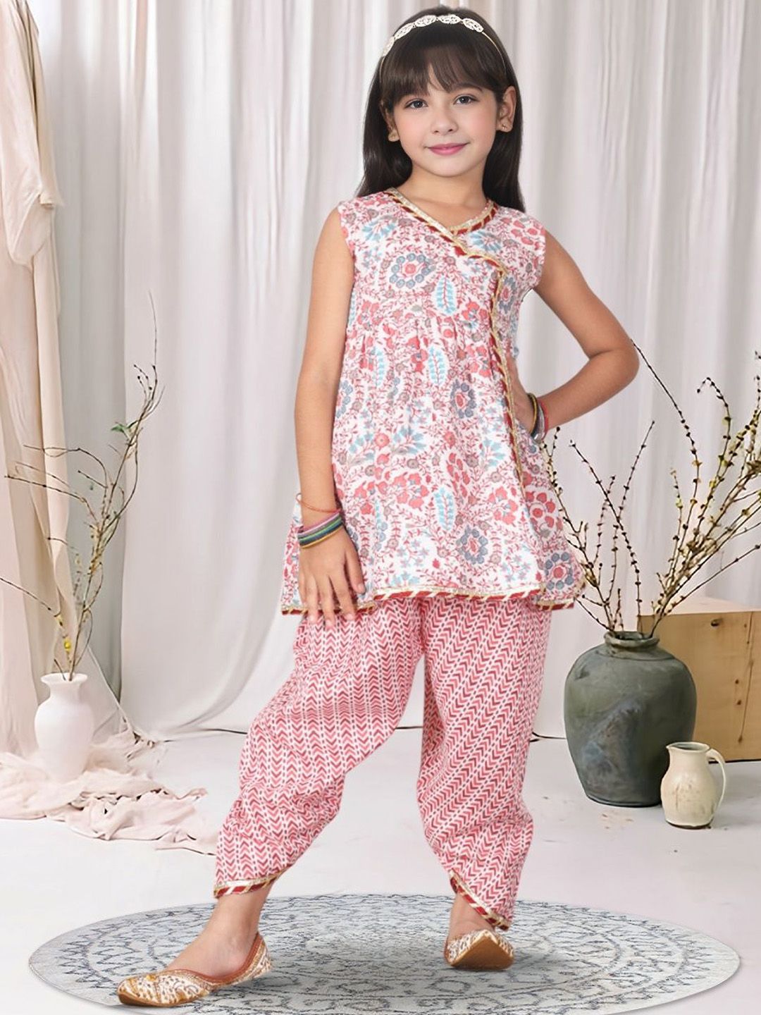 Cutiekins Girls Floral Printed V-Neck Angrakha Gotta Patti A-Line Kurta With Dhoti Pants-picture-41