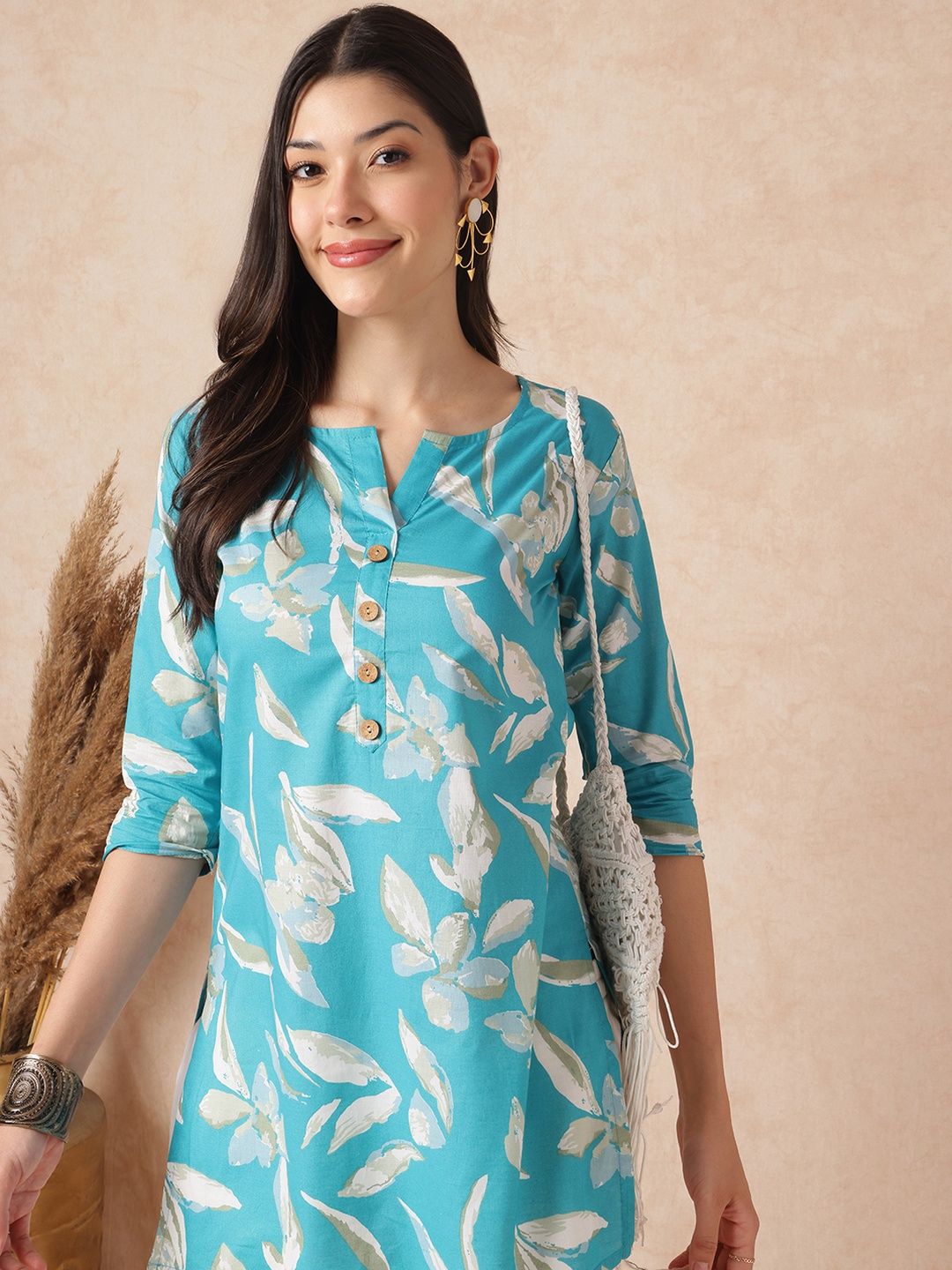 HERE&NOW Women Blue Floral Print Cotton Top-picture-34