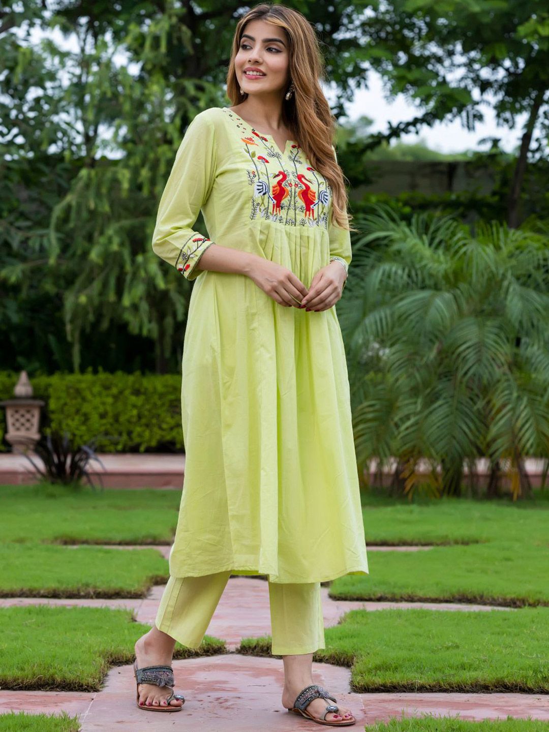 KALINI Women Woven Design Embroidered Cotton Anarkali Kurta with Trousers
