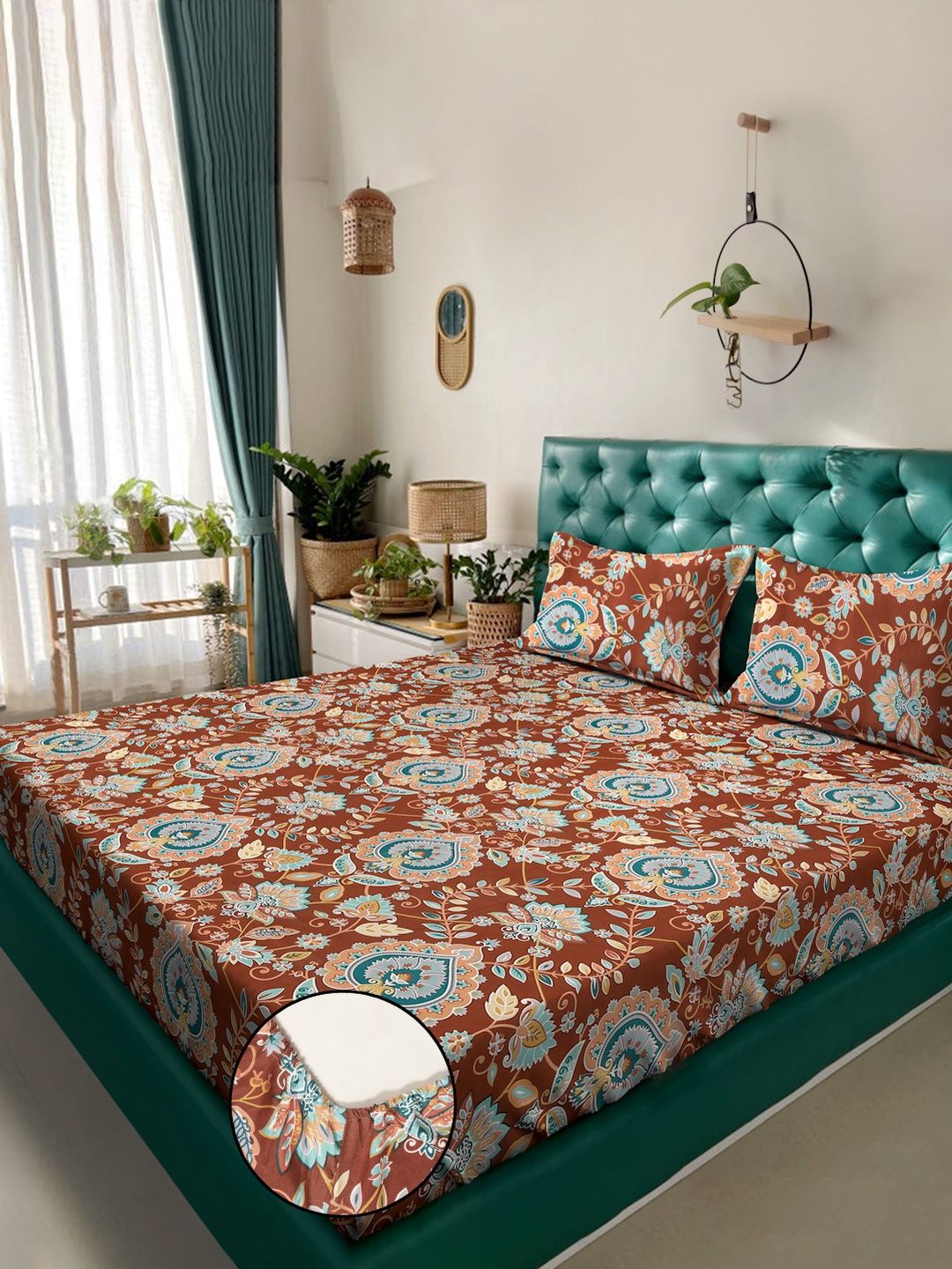 KLOTTHE Rust Ethnic Motifs 300 TC King Bedsheet With 2 Pillow Covers-picture-11