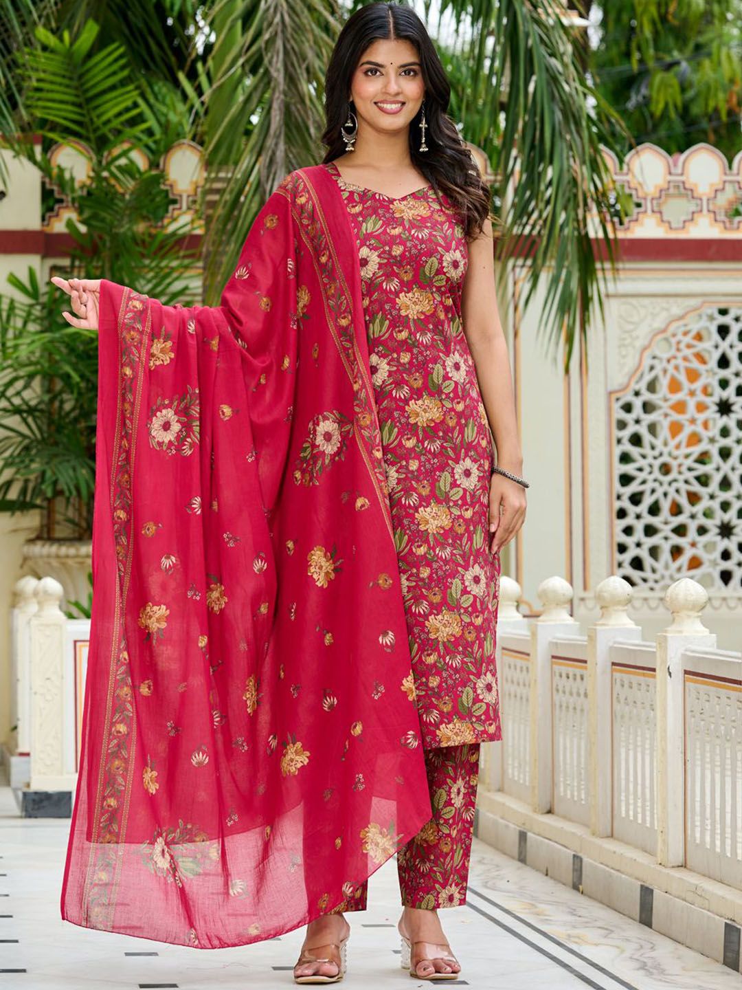 KEIYONA Floral Printed Pure Cotton Kurta With Trousers & Dupatta