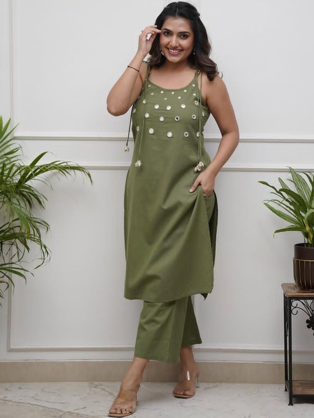 Art Avenue Floral Embroidered Round Neck Mirror Work Pure Cotton Kurta With Trousers
