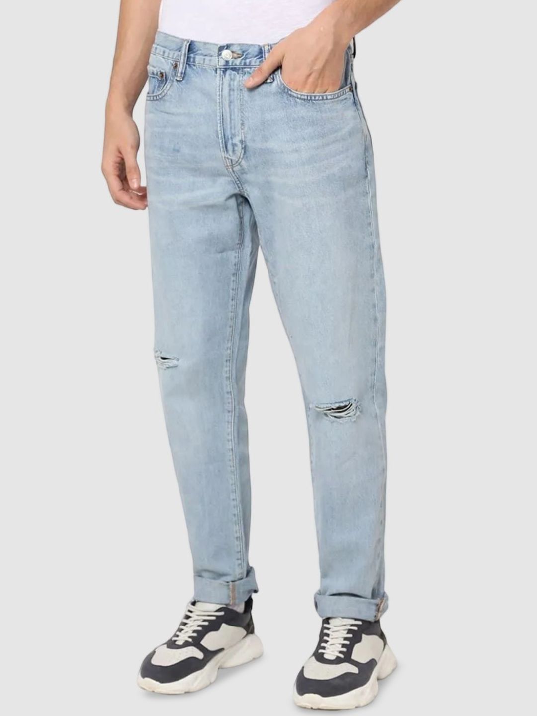 GAP Men Regular Fit Mid-Rise Mildly Distressed Heavy Fade Jeans
