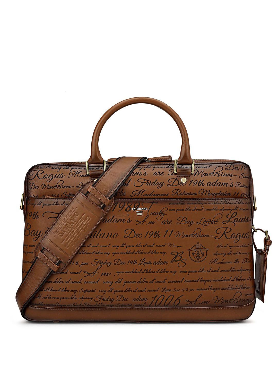 Da Milano Men Typography Printed Zip Leather Laptop Bag-image-17