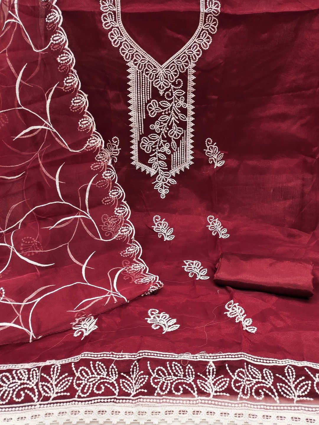 KALINI Women Maroon Organza Embroidered Unstitched Dress Material with Dupatta-picture-39