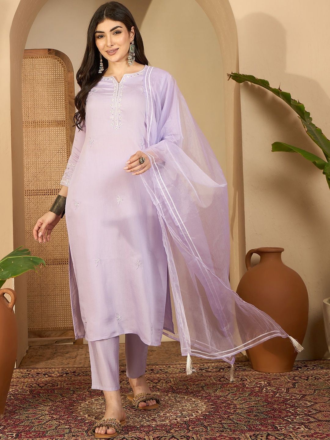 Sangria Women Solid Art Silk Kurta Sets With Dupatta