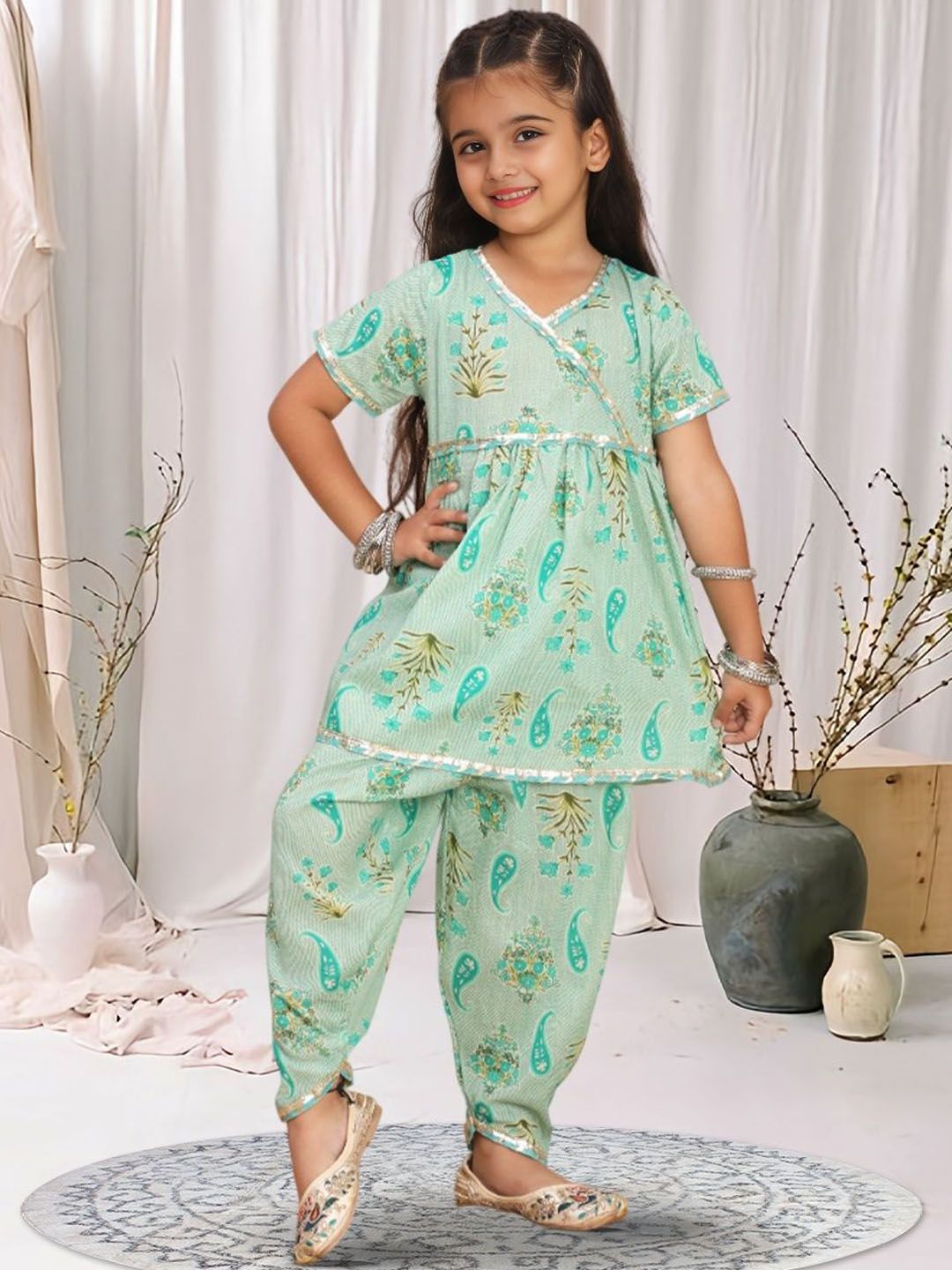Cutiekins Girls Floral Printed V-Neck Angrakha Gotta Patti Kurta With Dhoti Pants-picture-30
