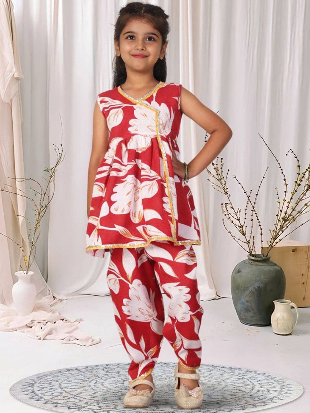 Cutiekins Girls Floral Printed Angrakha Gotta Patti Kurta With Dhoti Pants-picture-50