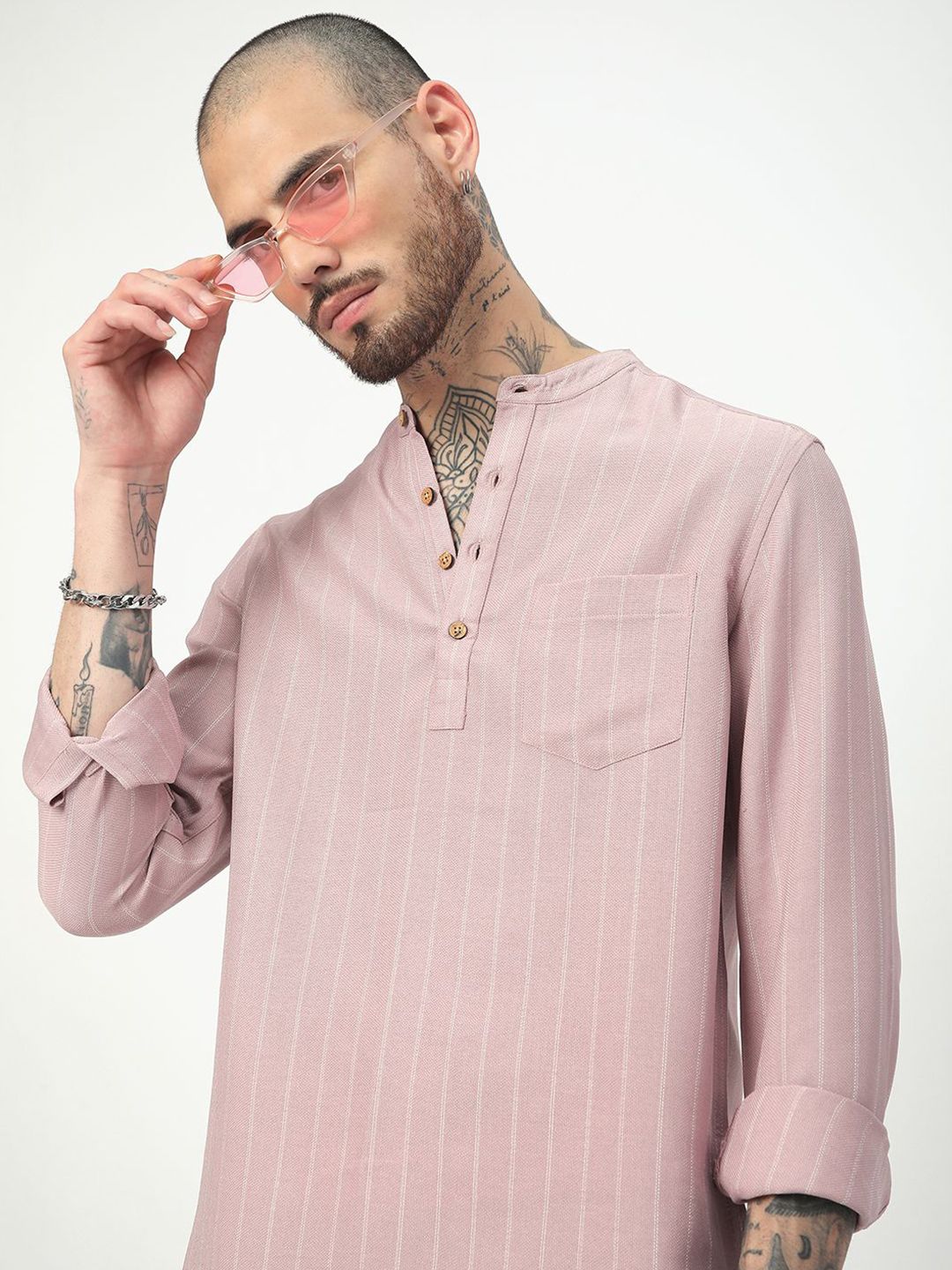 VASTRADO Striped Band Collar Pure Cotton Straight Kurta-picture-41