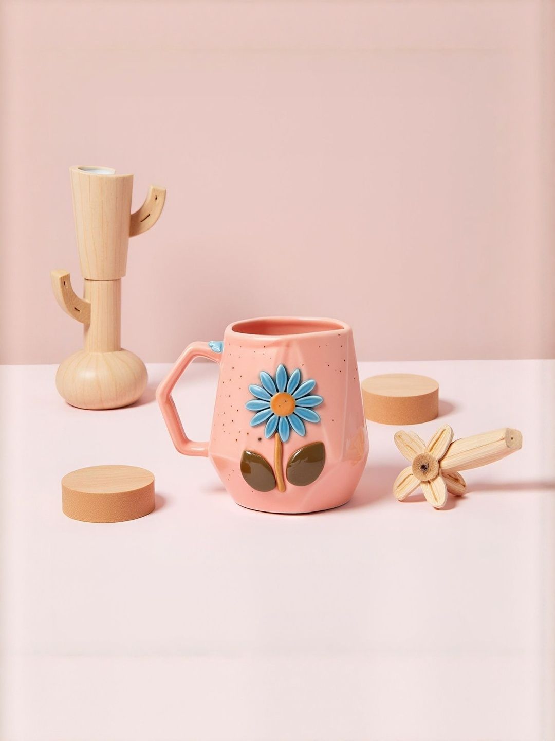 Kraftlik Handicraft Flower Design Pink Ceramic Mug-image-24