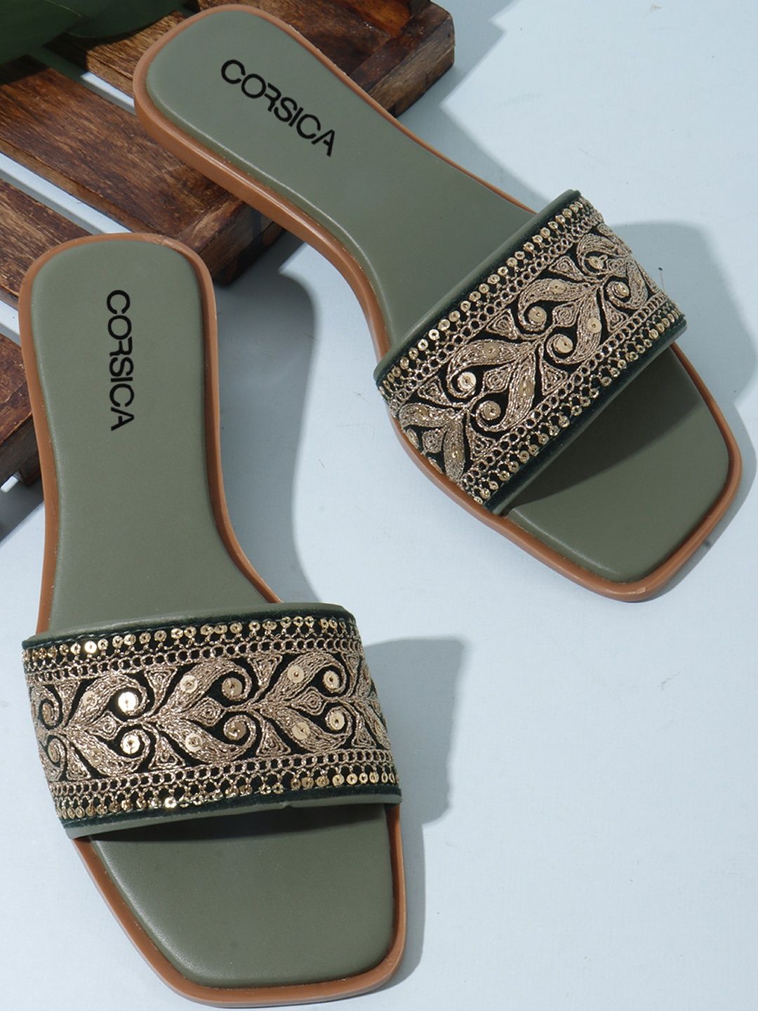 CORSICA Women Olive Embellished Ethnic Open Toe Flats-picture-37