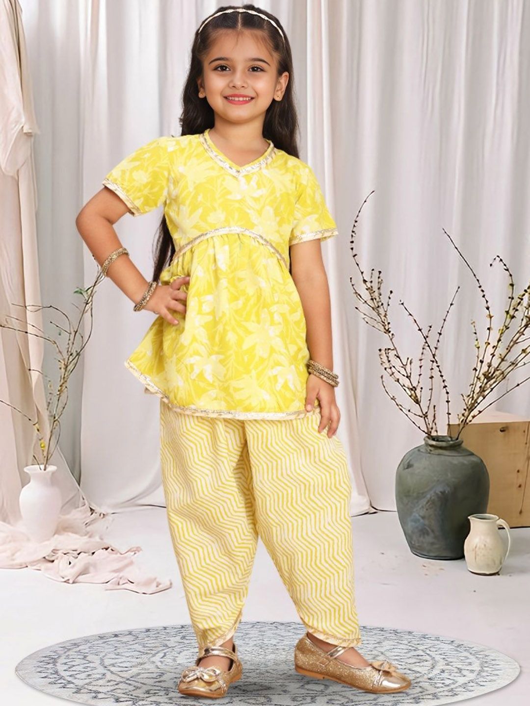Cutiekins Girls Floral Printed V-Neck Gotta Patti A-Line Kurta With Dhoti Pants-picture-37