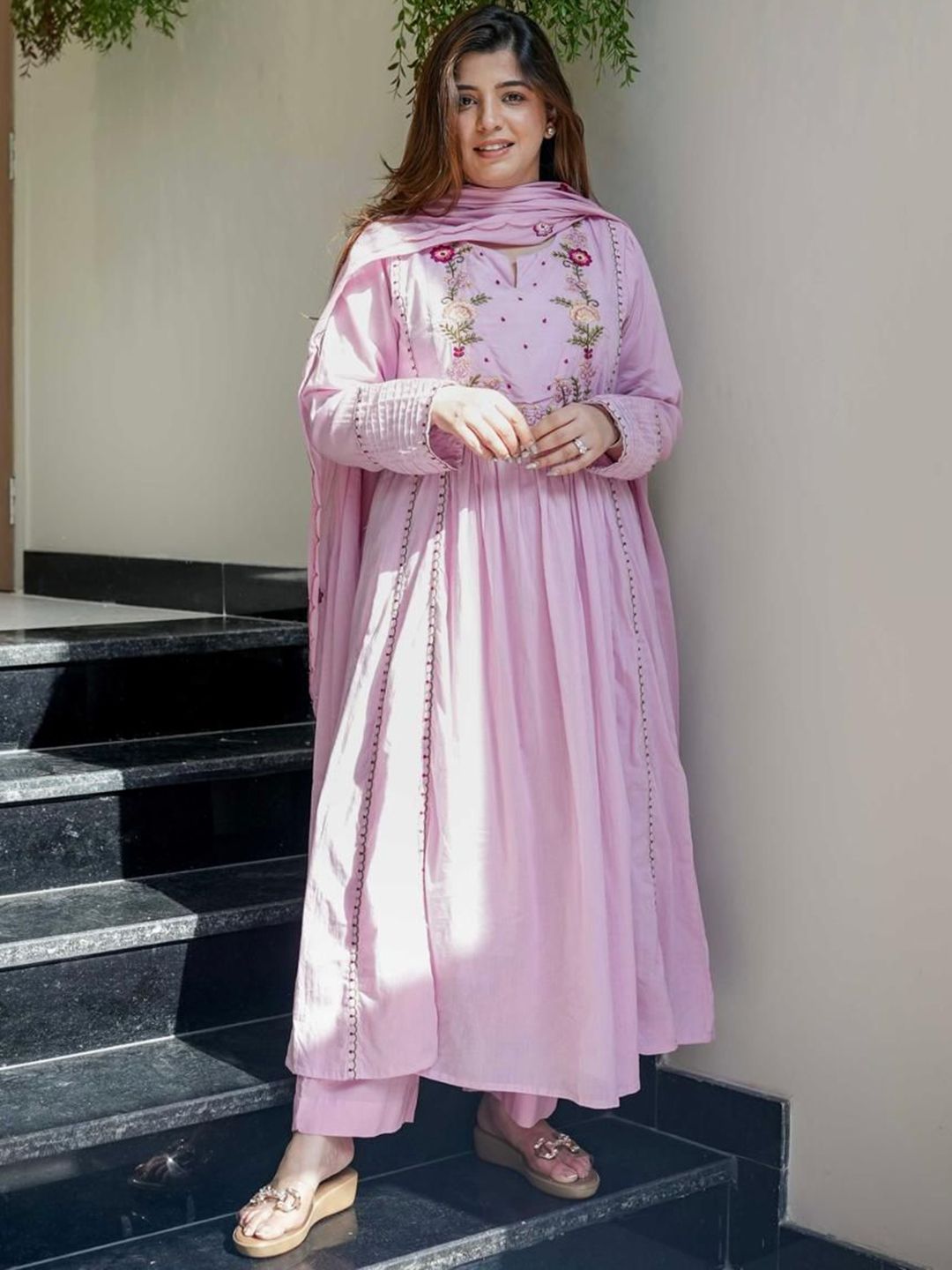 CREEPER  Floral Embroidered Notch Neck Thread Work A-Line Kurta With Trousers & Dupatta