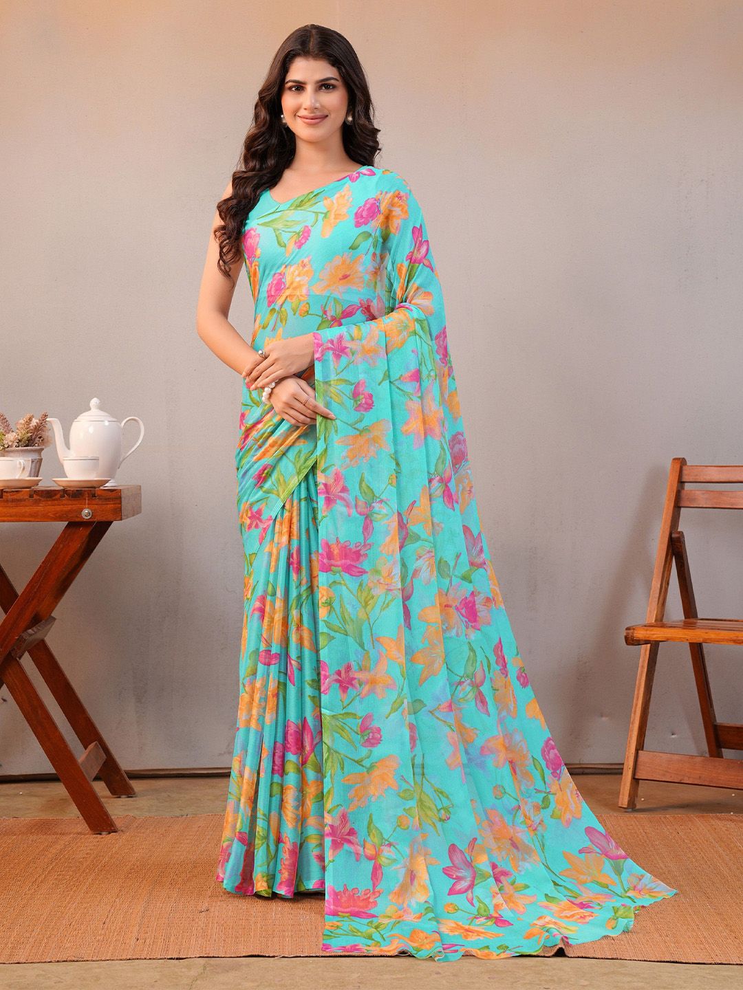 Garden Vareli Floral Printed Pure Chiffon Saree-picture-22