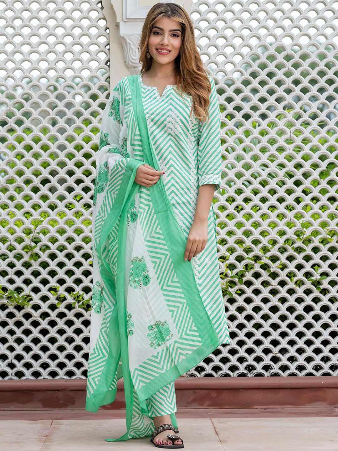 KALINI Women Striped Printed Round Neck Pure Cotton Kurta with Trousers & Dupatta