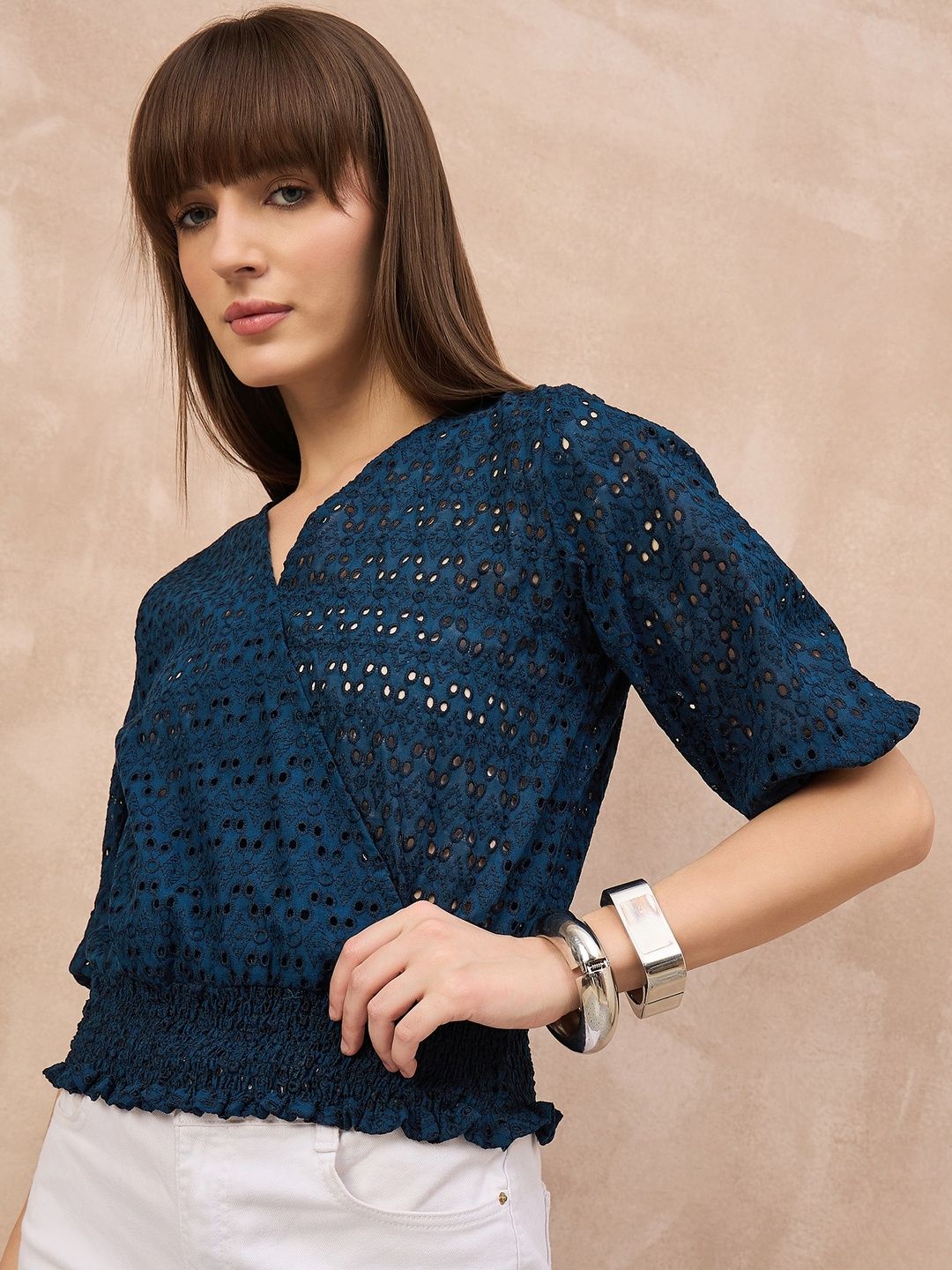 Moda Rapido Embroidered Puff Sleeve Cotton Wrap Top-picture-16