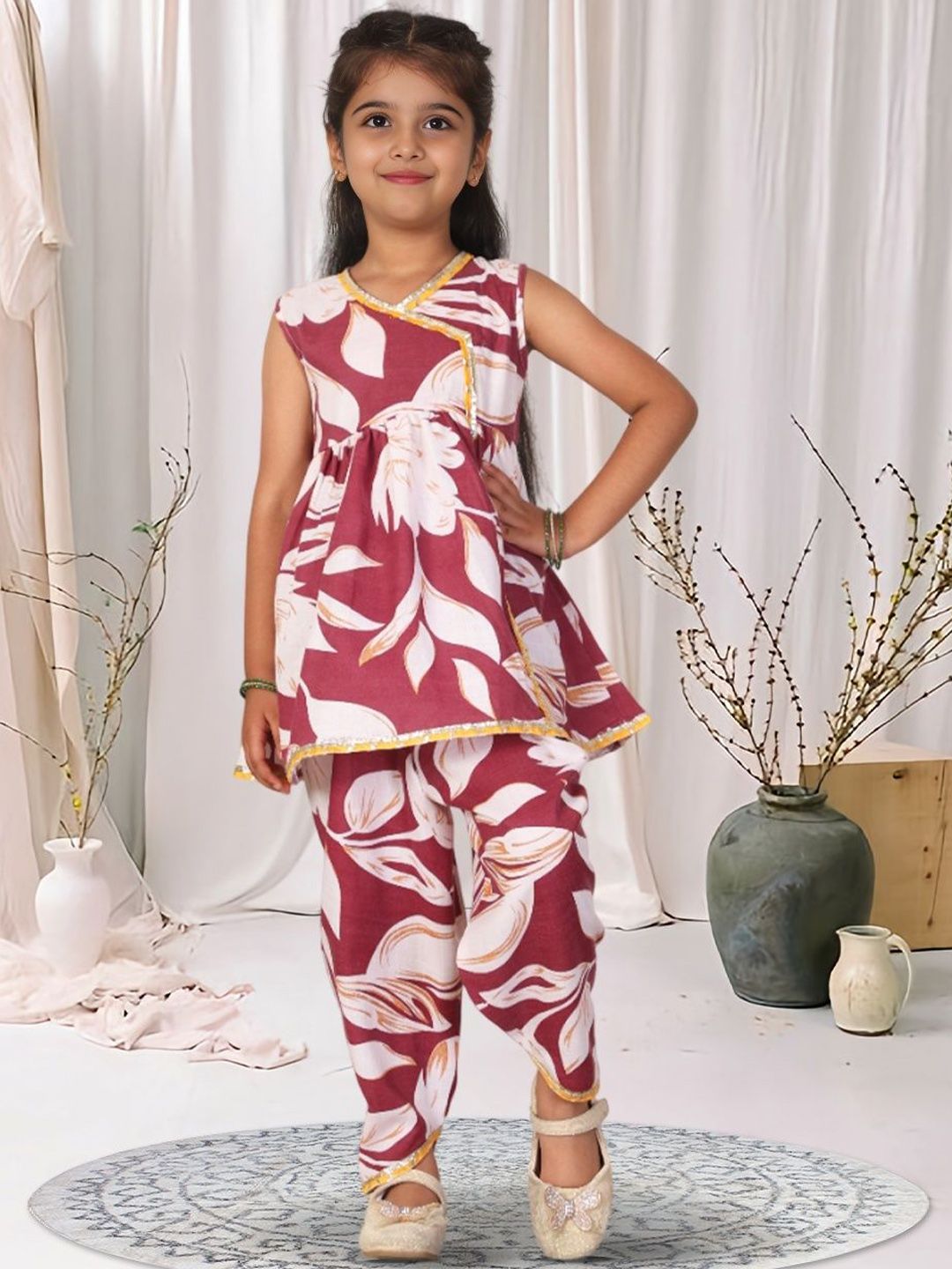Cutiekins Girls Floral Printed V-Neck Angrakha Gotta Patti Kurta With Dhoti Pants-picture-33