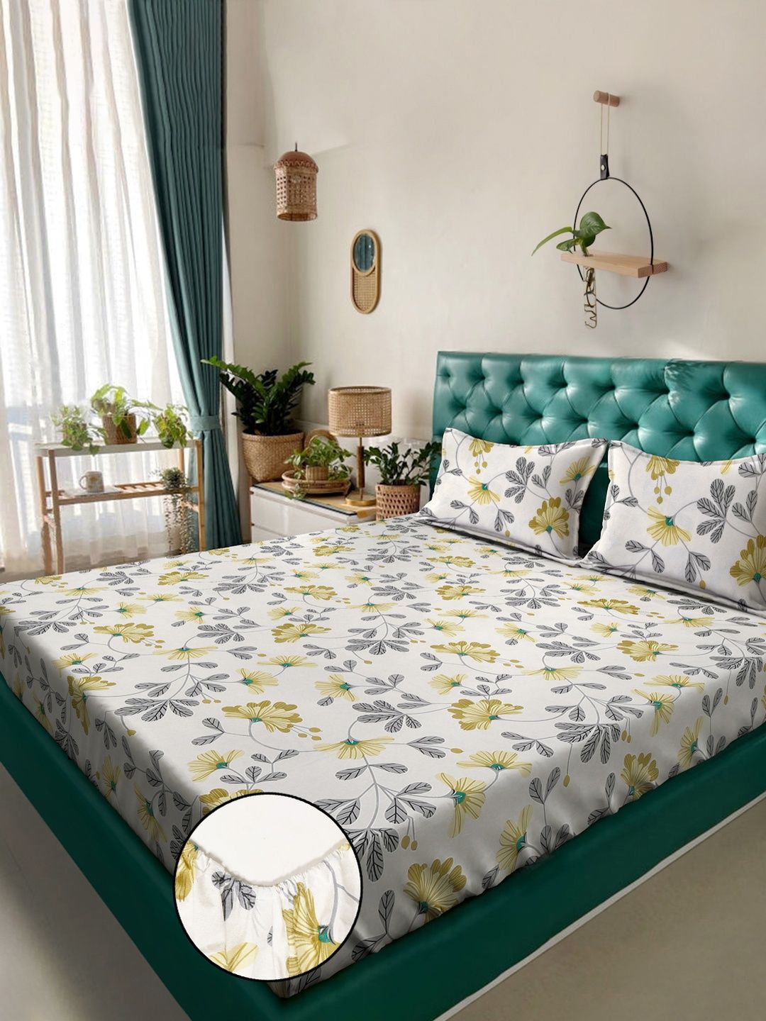 KLOTTHE Multicoloured Floral 300 TC King Bedsheet with 2 Pillow Covers-picture-20