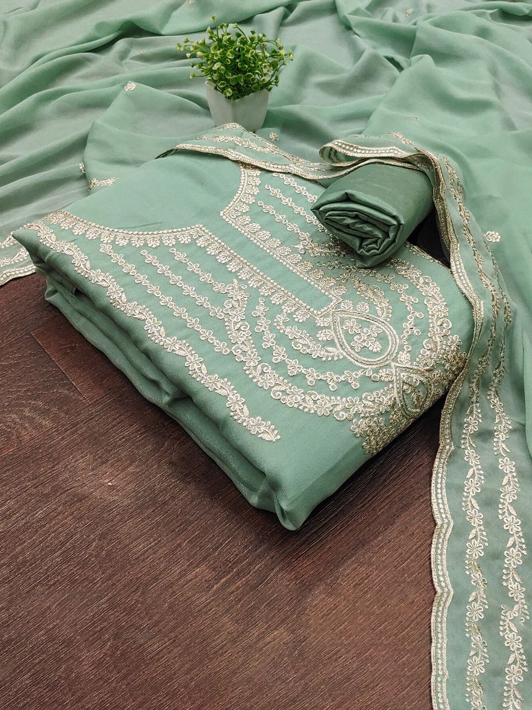 Panzora Floral Embroidered Thread Work Georgette Unstitched Dress Material-picture-25