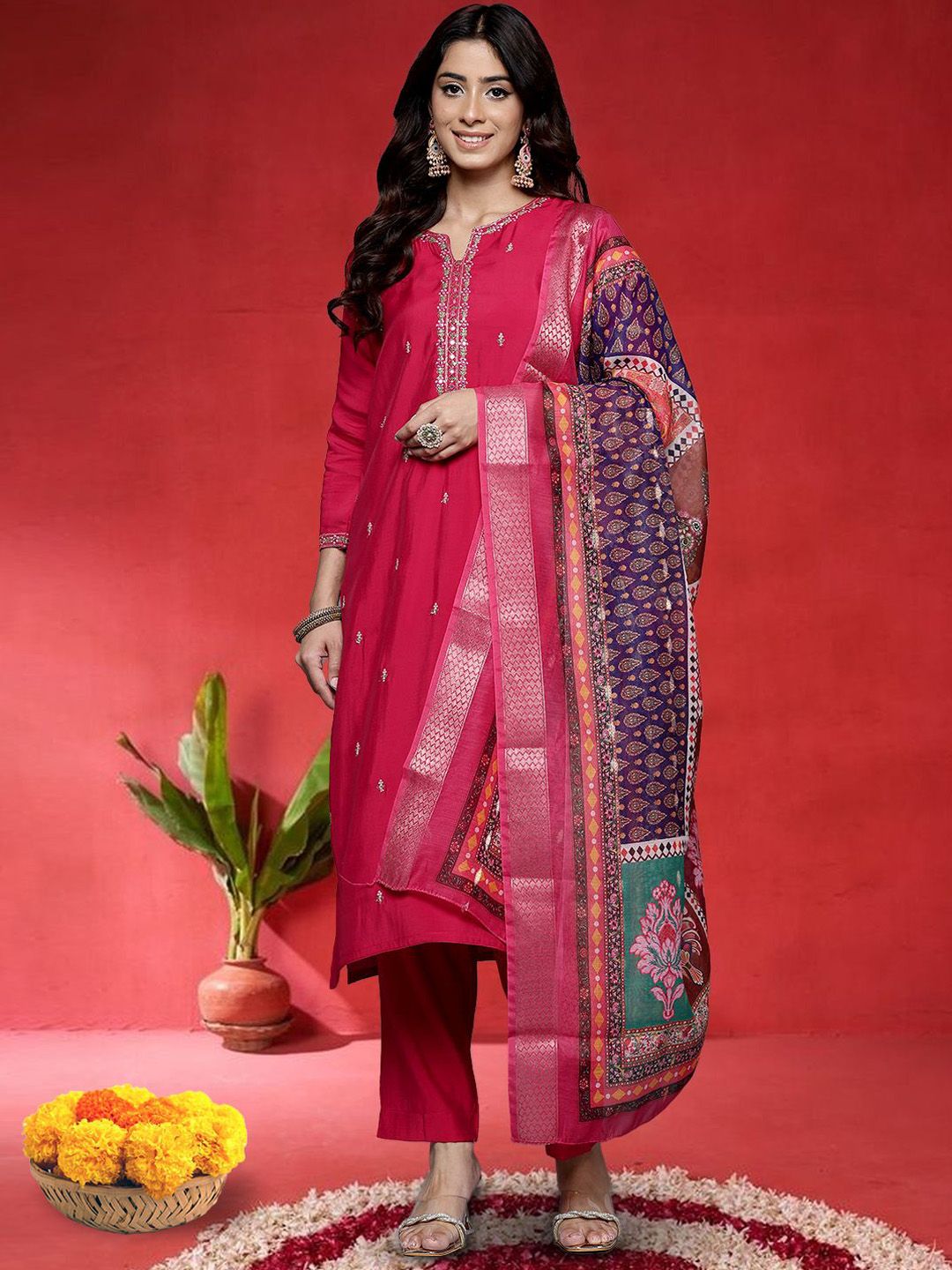 Varanga Floral Embroidered Mirror Work Straight Kurta With Trousers & Dupatta
