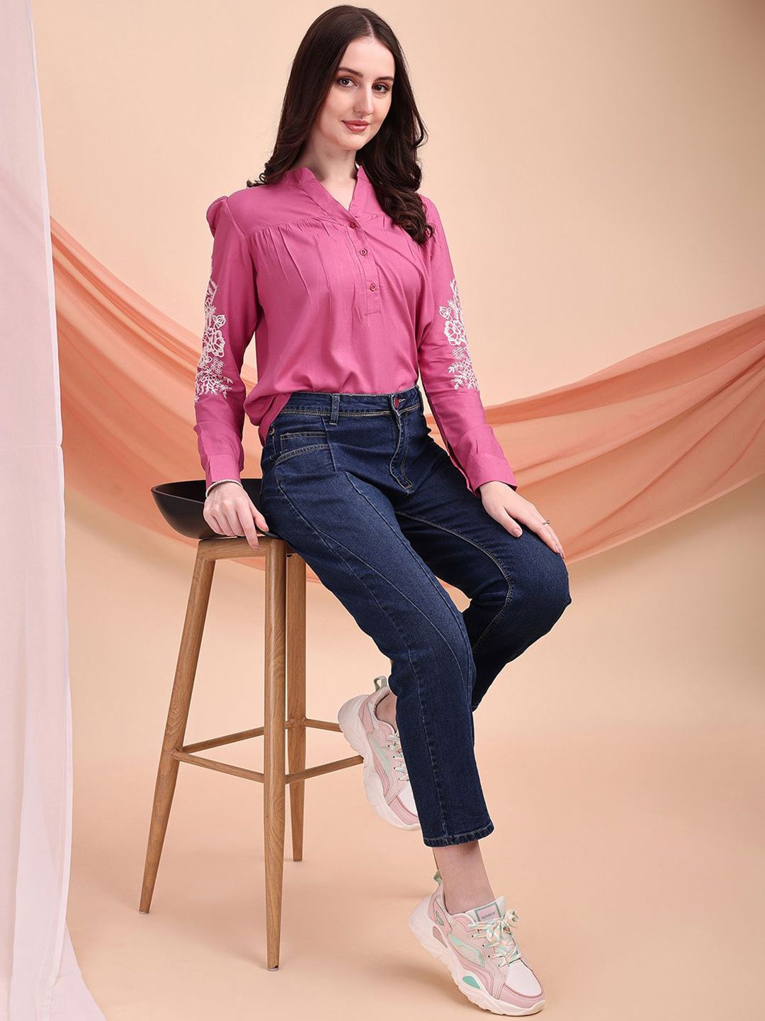 Buy Kinjo Women Embroidered Mandarin Collar Shirt Style Top - Tops