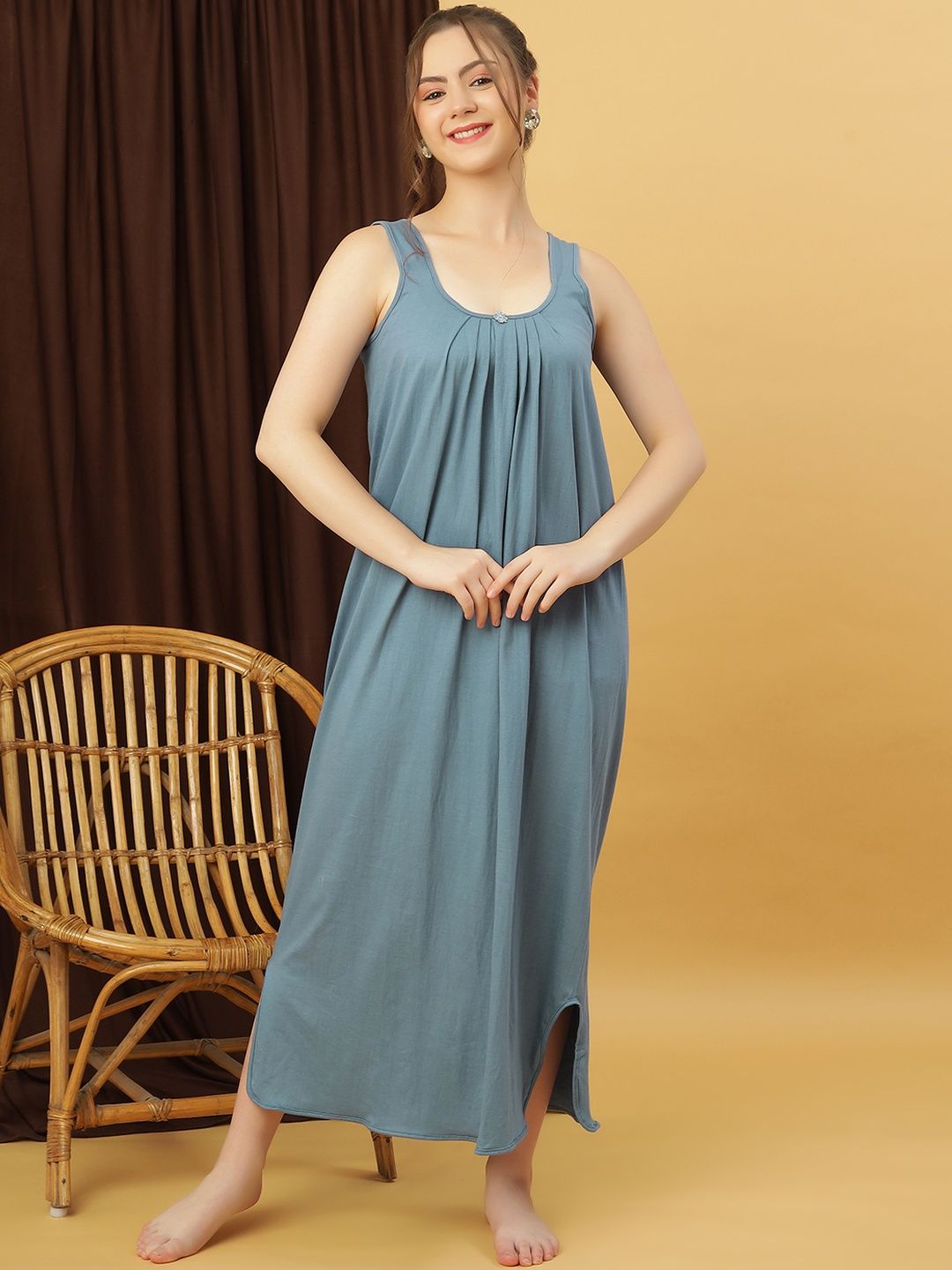 GANIX FASHION THAT DEFINE YOU Women Grey Maxi Nightdress-picture-12