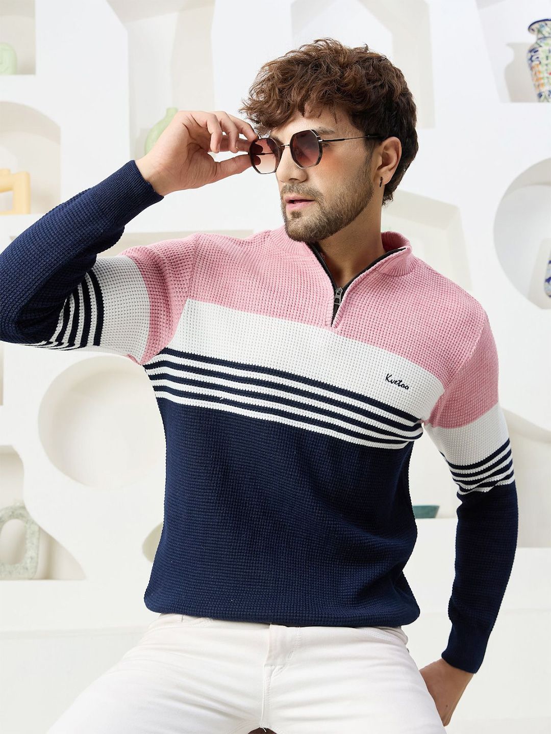 Kveto style redefined Men Colourblocked Mock Collar Pullover Sweaters-picture-36