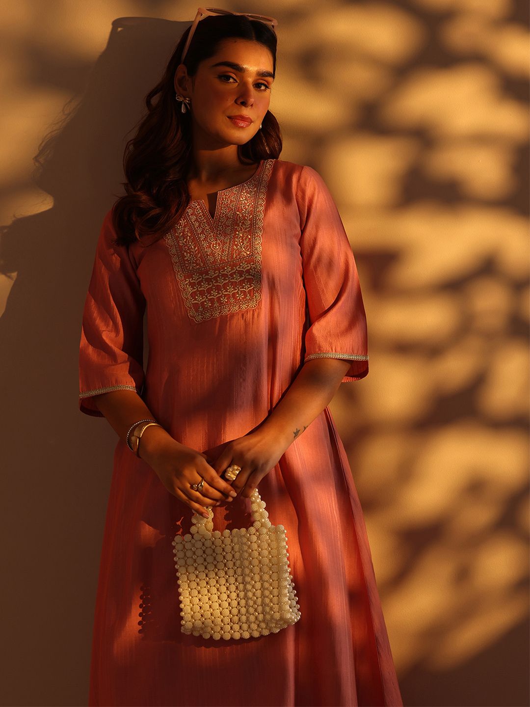 Libas Women Woven Design Embroidered A-Line Kurta with Trousers