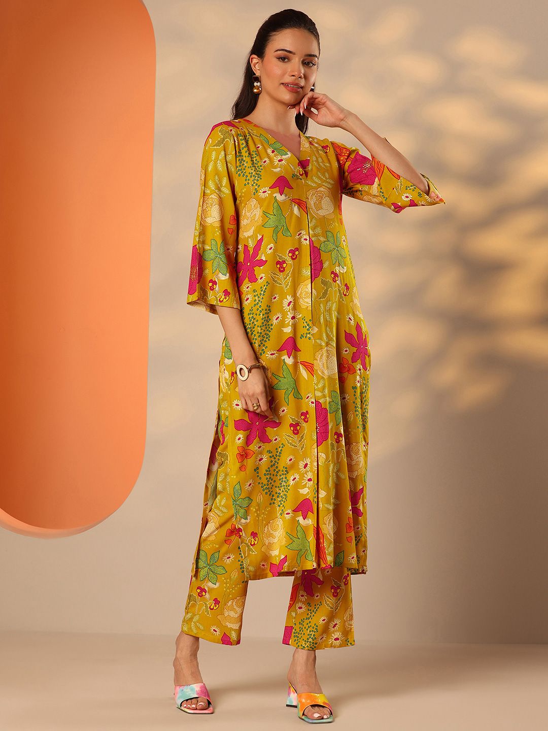 Libas Floral Printed V-Neck A Line Kurta With Trousers