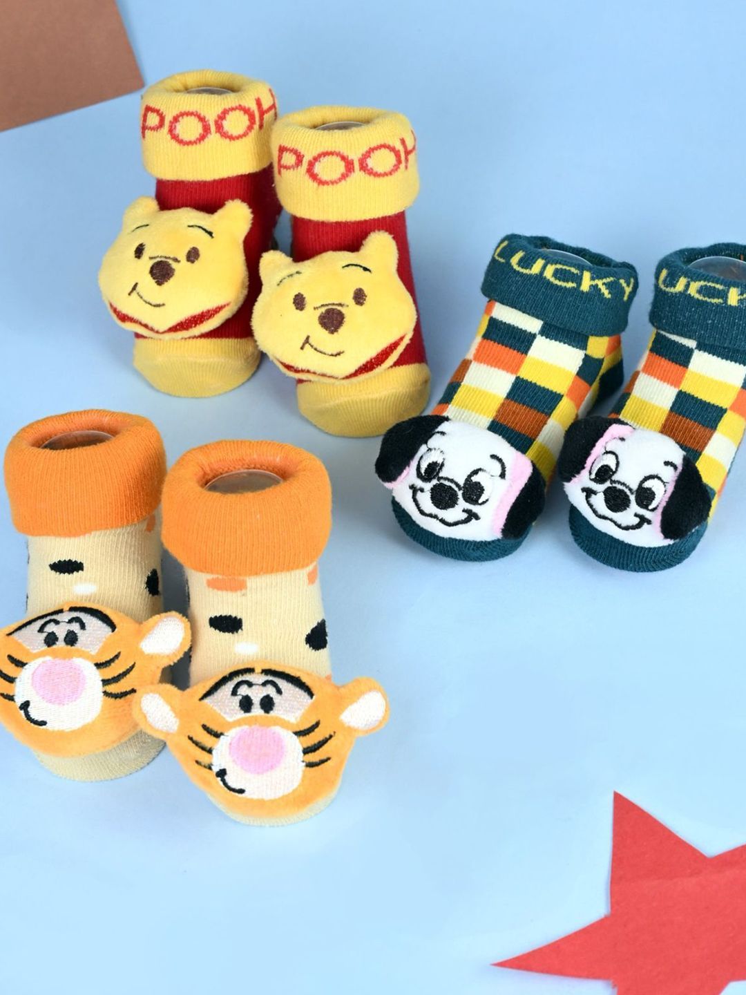 Yellow Bee Infant Boys Pack Of 3 Patterned Cotton Ankle Length Disney 3D Socks-picture-51