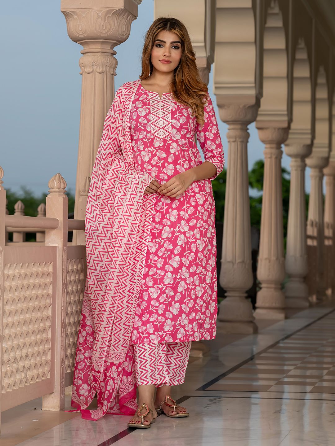 KALINI Floral Printed Round Neck Pure Cotton Straight Kurta With Trousers & Dupatta